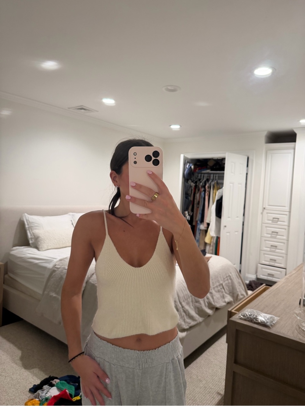 French Connection Cream Ribbed V-Neck Cami Tank